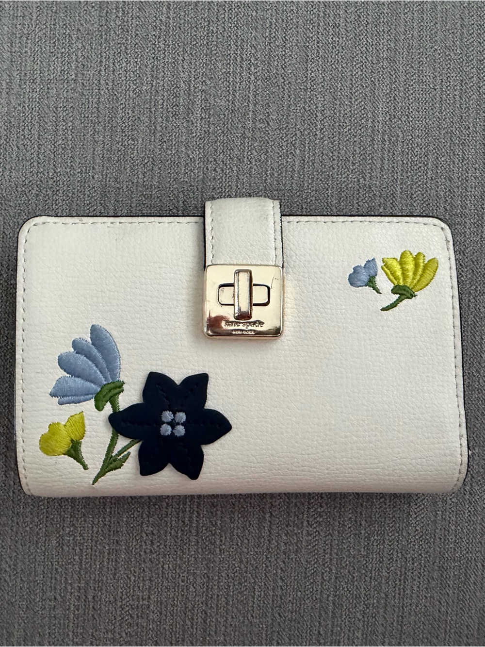 kate spade Cream Leather Floral Appliqué Wallet with Gold Hardware